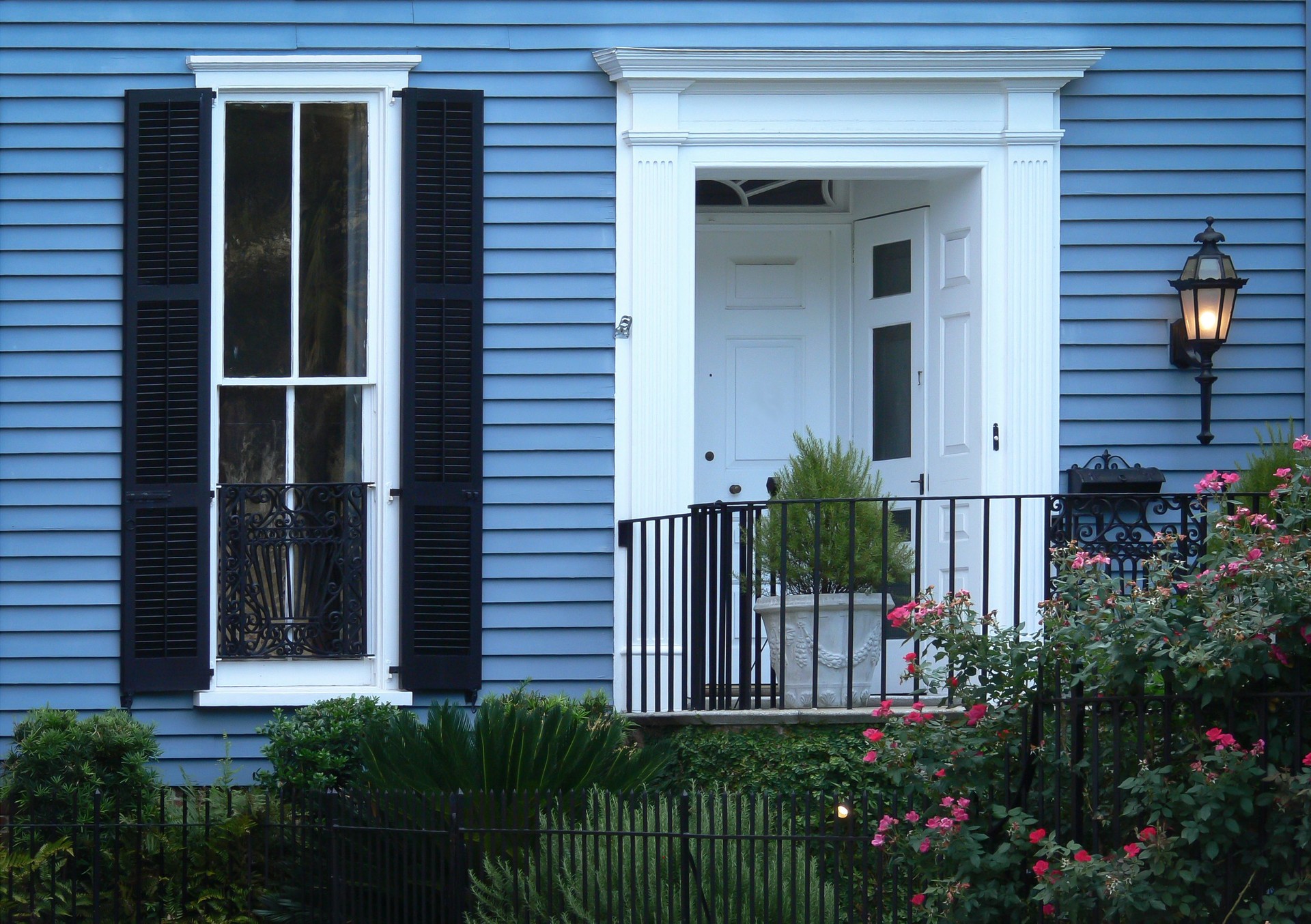 Exterior architecture of French quarters, Charleston, South Carolina at dusk.